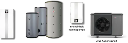 Wolf Wärmepumpensysteme, bestehend aus einem weißen Gerät und grauen Speichern, die zur unterstützenden Heiztechnik verwendet werden.